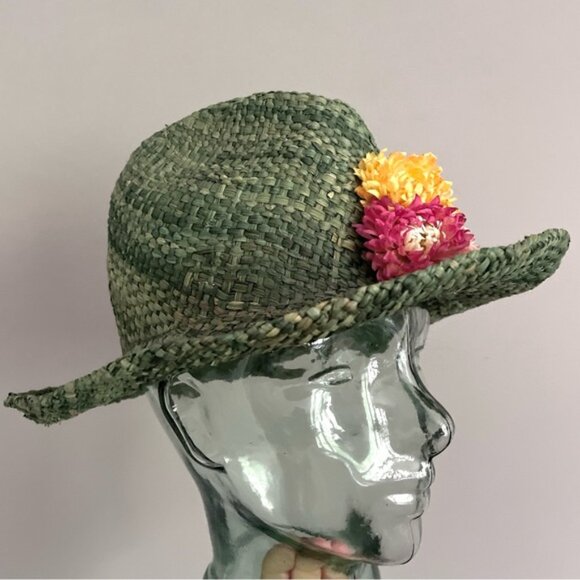 Vintage Green Straw Fedora Hat w/ Flowers - made by Vicki Sather 🇨🇦 - Picture 4 of 10